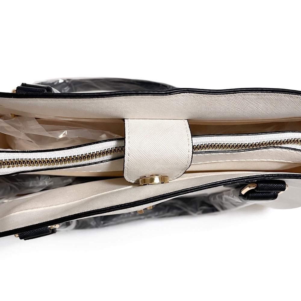 Loulu White Saffiano Faux Leather Top Handle Purse with Black Handles Gold Logo - Picture 10 of 11